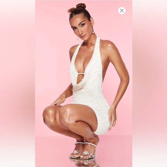 Oh Polly Versailles Deep Plunge Embellished Mini Dress in White - Picture 9 of 10